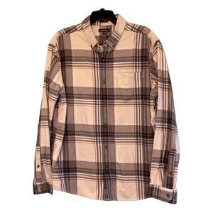Eddie Bauer Heavyweight Flannel Button Down Shirt Gray Tan Red Tartan Plaid